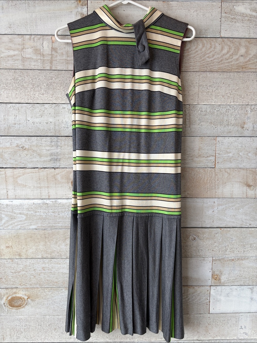 Vintage 1960s Mod Twiggy Style Pleated Drop Waist Dress | Retro Striped Midi - Picture 2 of 12